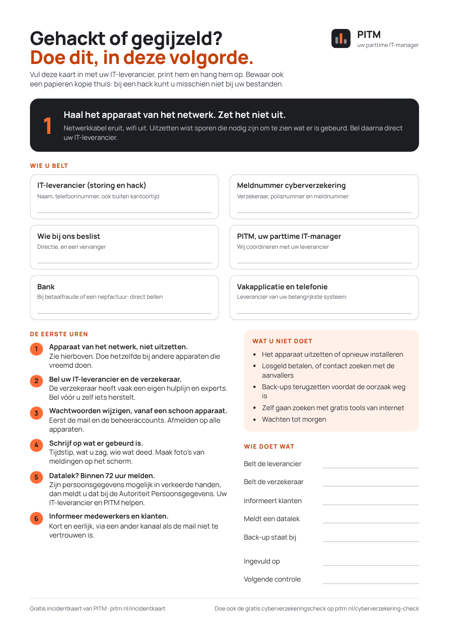 Voorbeeld van de incidentkaart: telefoonnummers, eerste stappen en wie beslist